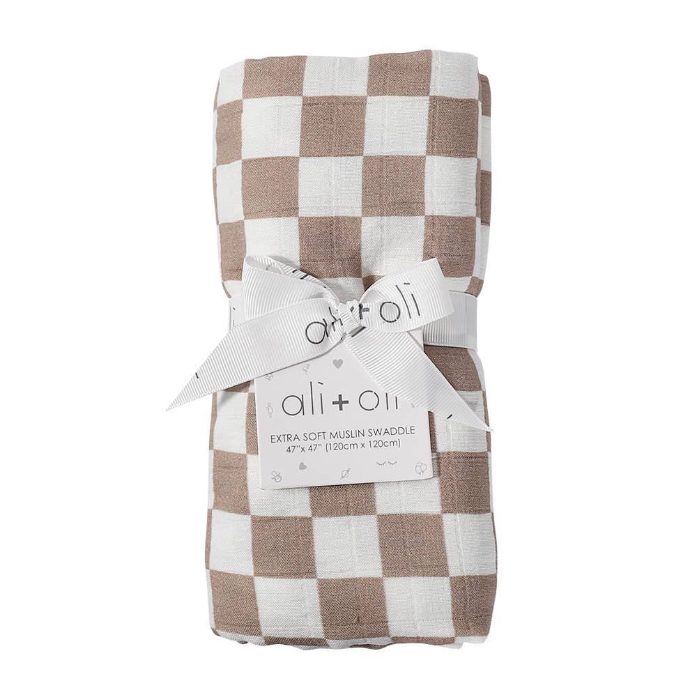 Ali+Oli - Bamboo Muslin Swaddle Blanket (Mocha Checkers)