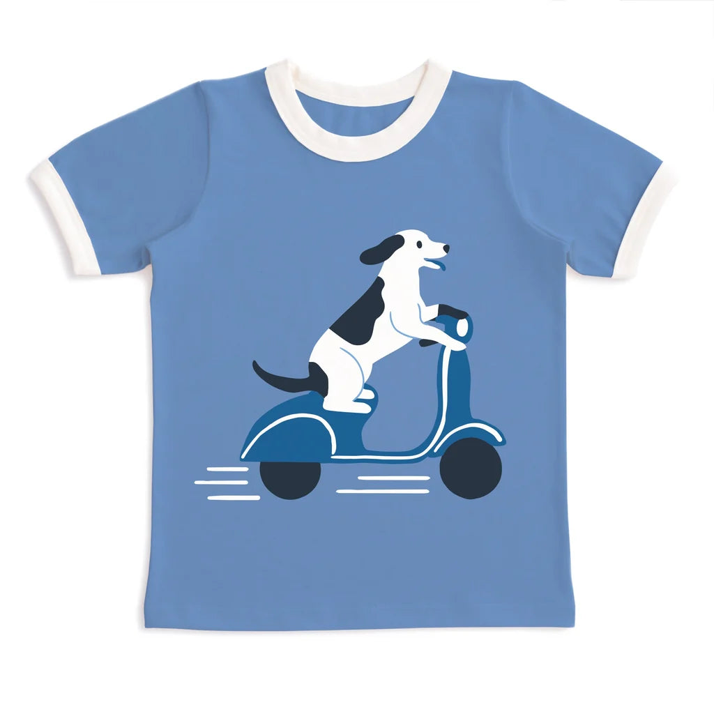 Winter Water Factory - GRAPHIC Ringer Tee - Dog on Scooter Lake Blue
