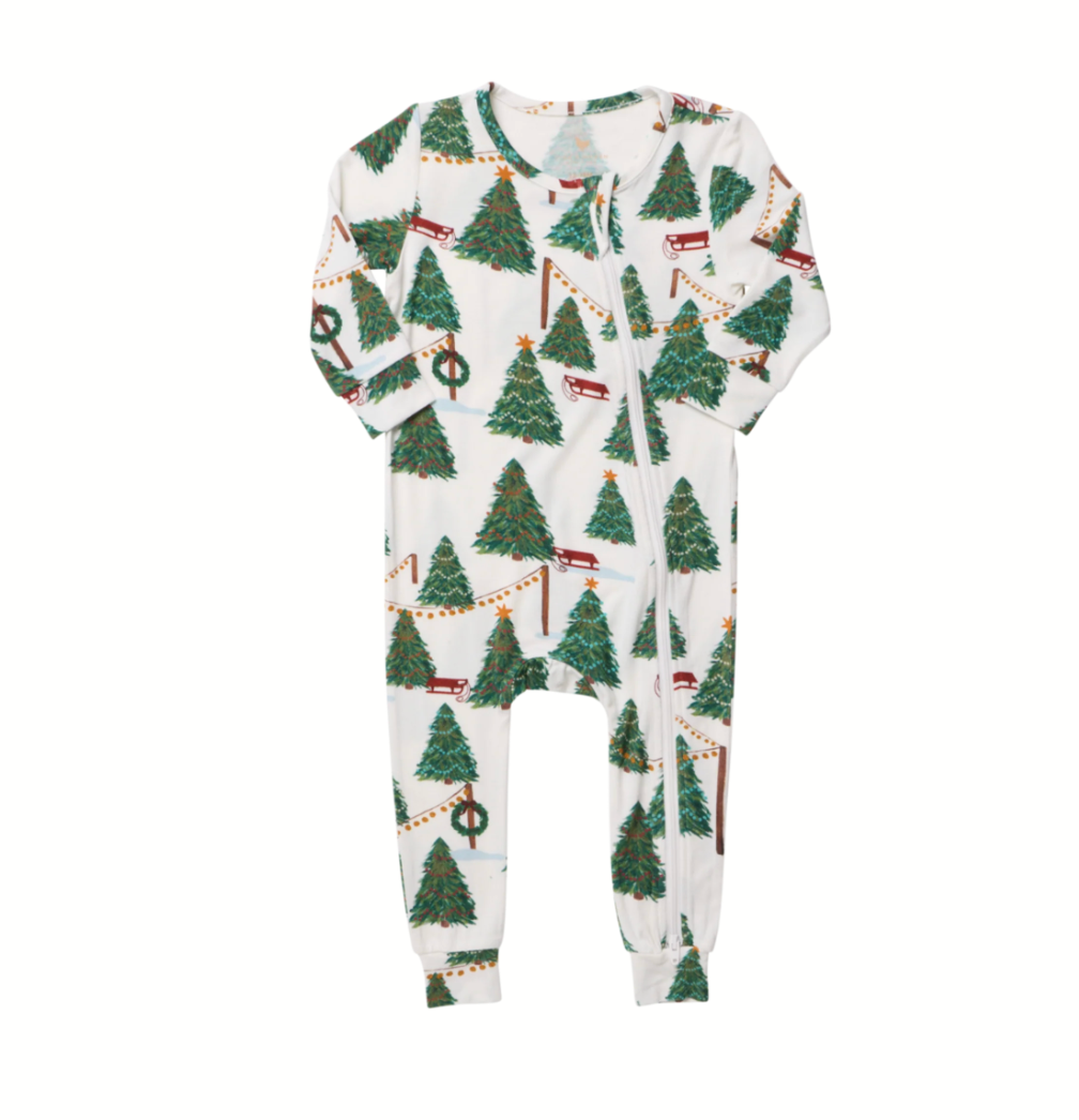 Pink Chicken - Baby Bamboo Romper - Christmas Tree Farm