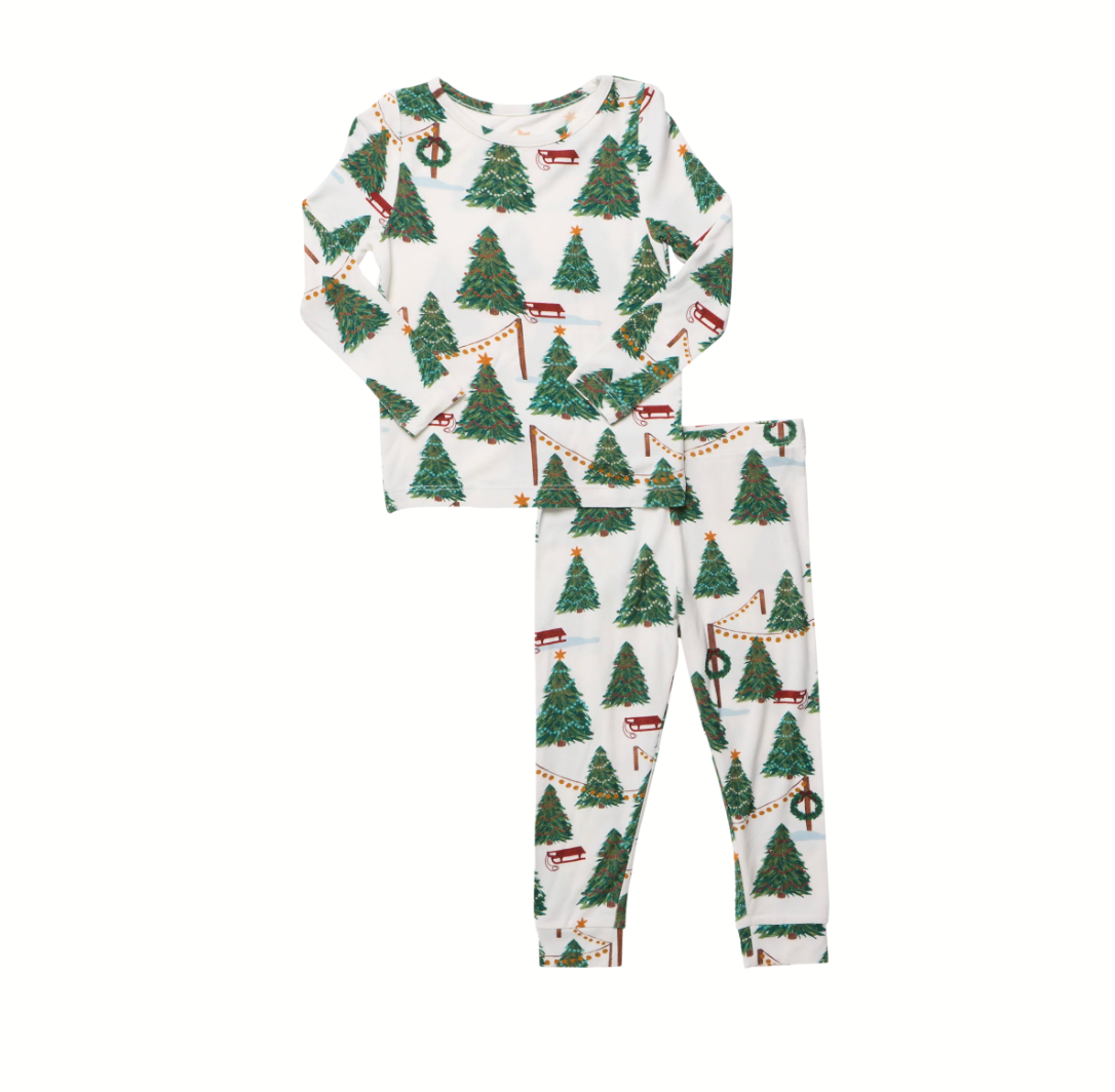 Pink Chicken - Kids Bamboo PJ Set - Christmas Tree Farm